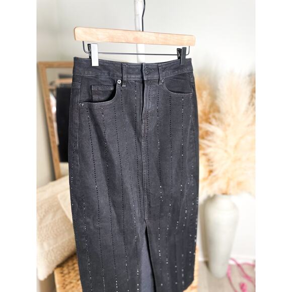 Loft Black Denim Midi Skirt Size 0 Sparkle Pinstripe Holiday Party - Picture 4 of 11